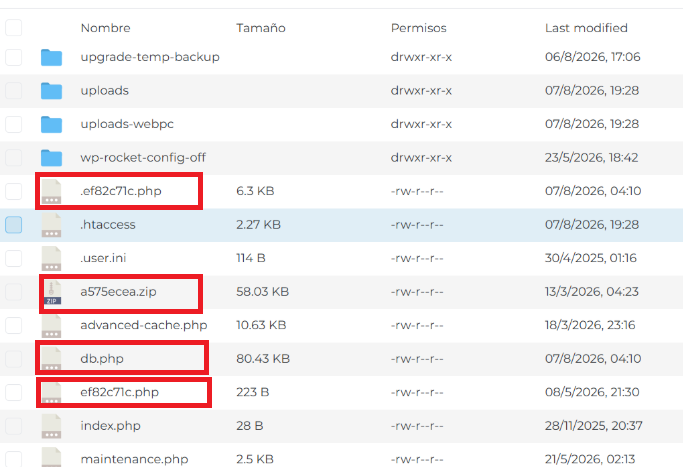 Listado de archivos del servidor con archivos maliciosos disfrazados como .php sueltos junto a los archivos legítimos de WordPress