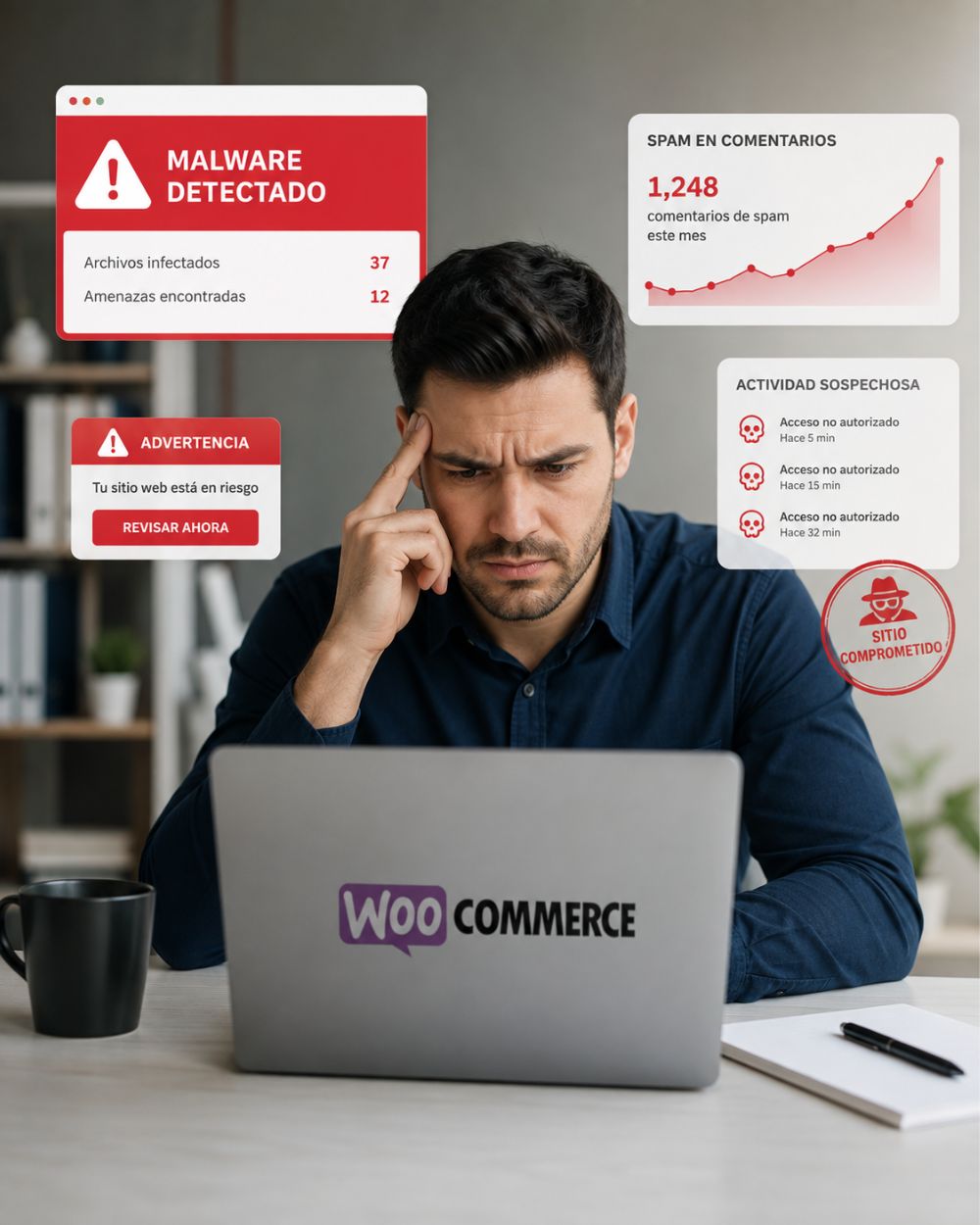 Dueño de tienda revisando su tienda WooCommerce comprometida